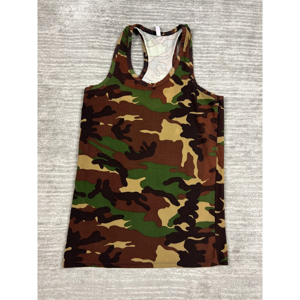 Sweet Tank Top Women Medium Green Camo Racerback Cotton Spandex Scoop Neck USA